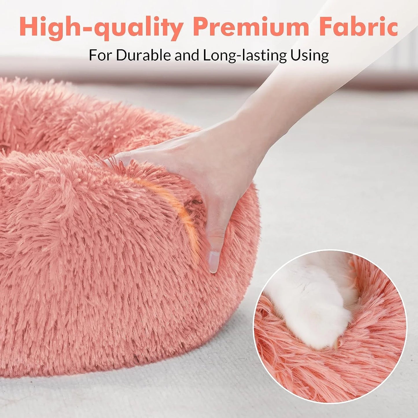 Indoor Cat Bed, 20-Inch Machine Washable Fluffy Round Pet Bed, Non-Slip Calming Soft Plush Donut Cuddler Cushion, Self-Warming for Small Dogs and Kittens, Light Pink