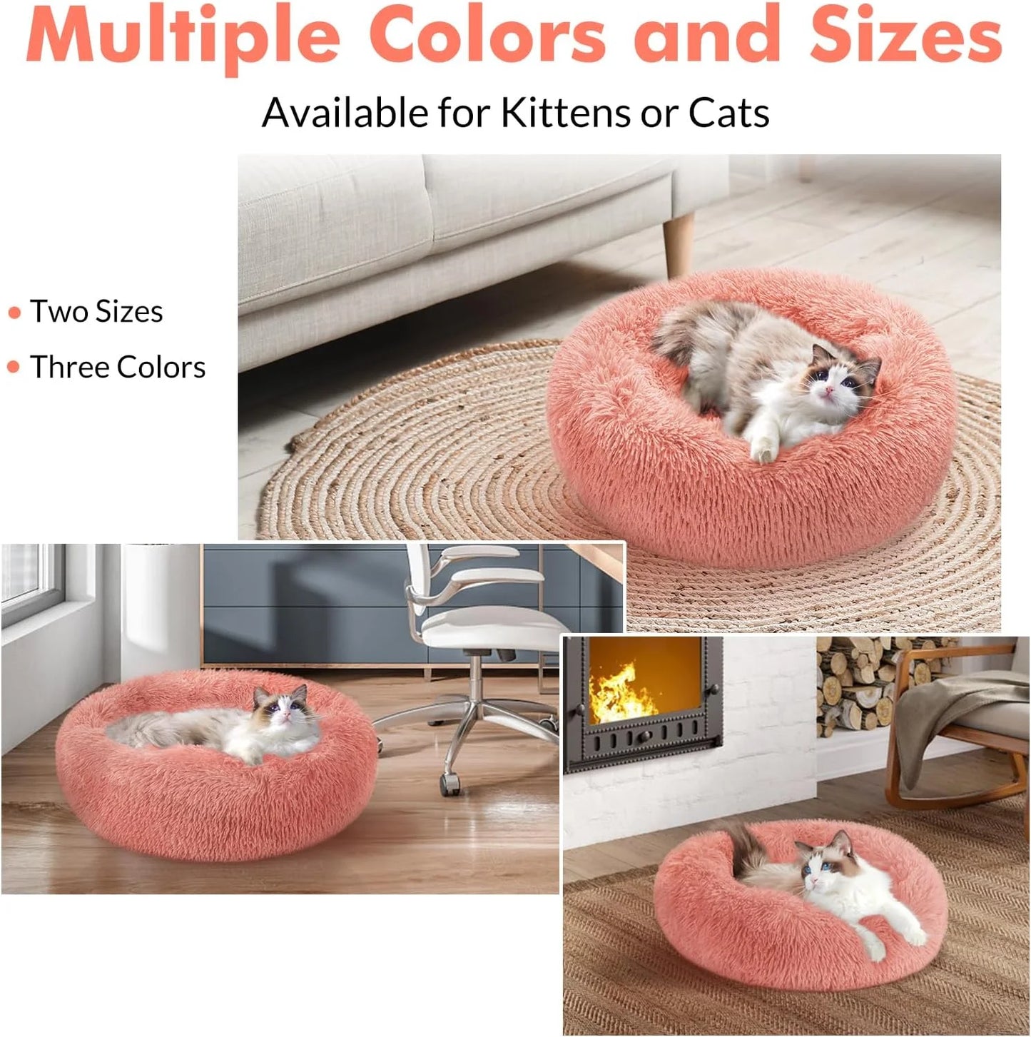 Indoor Cat Bed, 20-Inch Machine Washable Fluffy Round Pet Bed, Non-Slip Calming Soft Plush Donut Cuddler Cushion, Self-Warming for Small Dogs and Kittens, Light Pink
