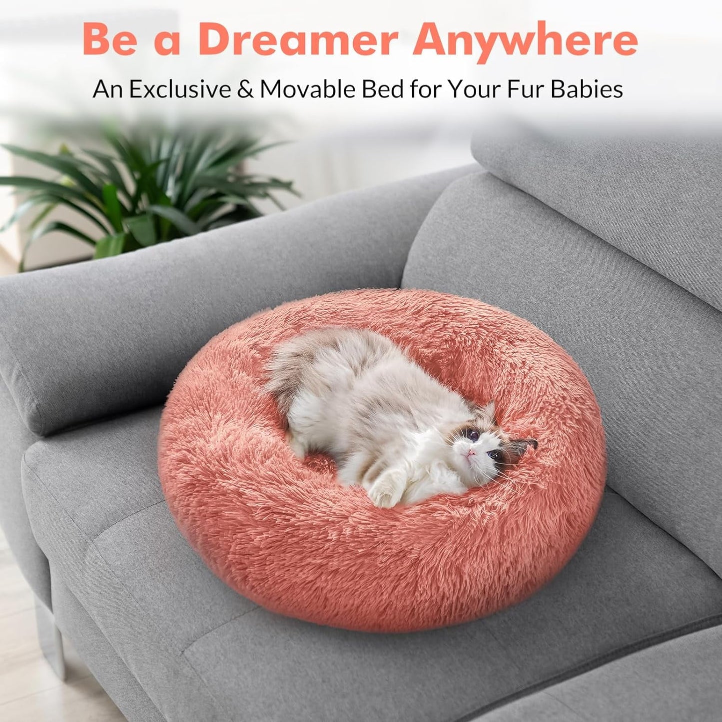 Indoor Cat Bed, 20-Inch Machine Washable Fluffy Round Pet Bed, Non-Slip Calming Soft Plush Donut Cuddler Cushion, Self-Warming for Small Dogs and Kittens, Light Pink