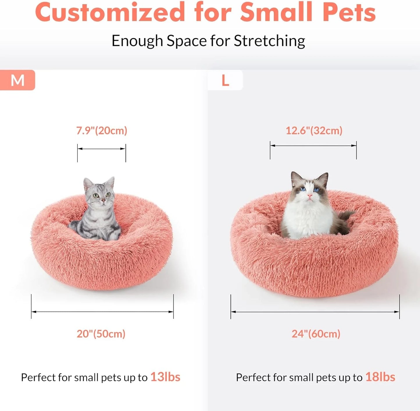 Indoor Cat Bed, 20-Inch Machine Washable Fluffy Round Pet Bed, Non-Slip Calming Soft Plush Donut Cuddler Cushion, Self-Warming for Small Dogs and Kittens, Light Pink