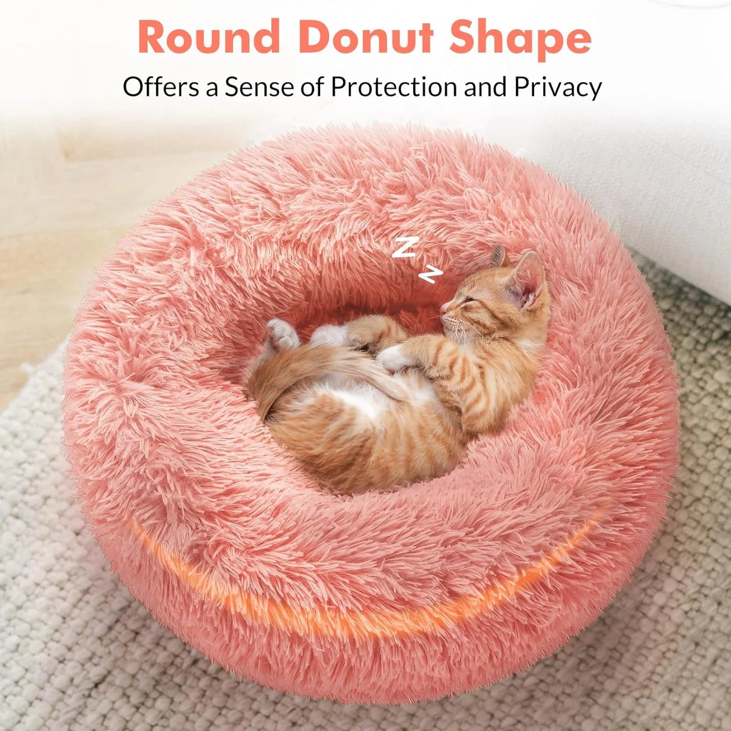 Indoor Cat Bed, 20-Inch Machine Washable Fluffy Round Pet Bed, Non-Slip Calming Soft Plush Donut Cuddler Cushion, Self-Warming for Small Dogs and Kittens, Light Pink