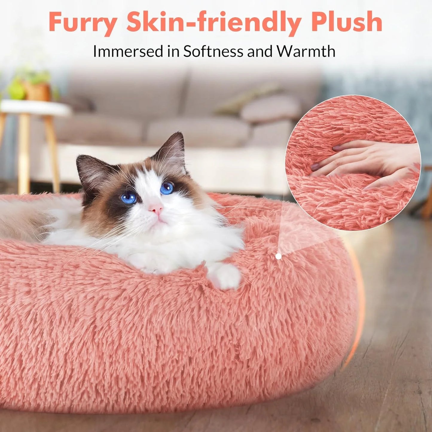 Indoor Cat Bed, 20-Inch Machine Washable Fluffy Round Pet Bed, Non-Slip Calming Soft Plush Donut Cuddler Cushion, Self-Warming for Small Dogs and Kittens, Light Pink