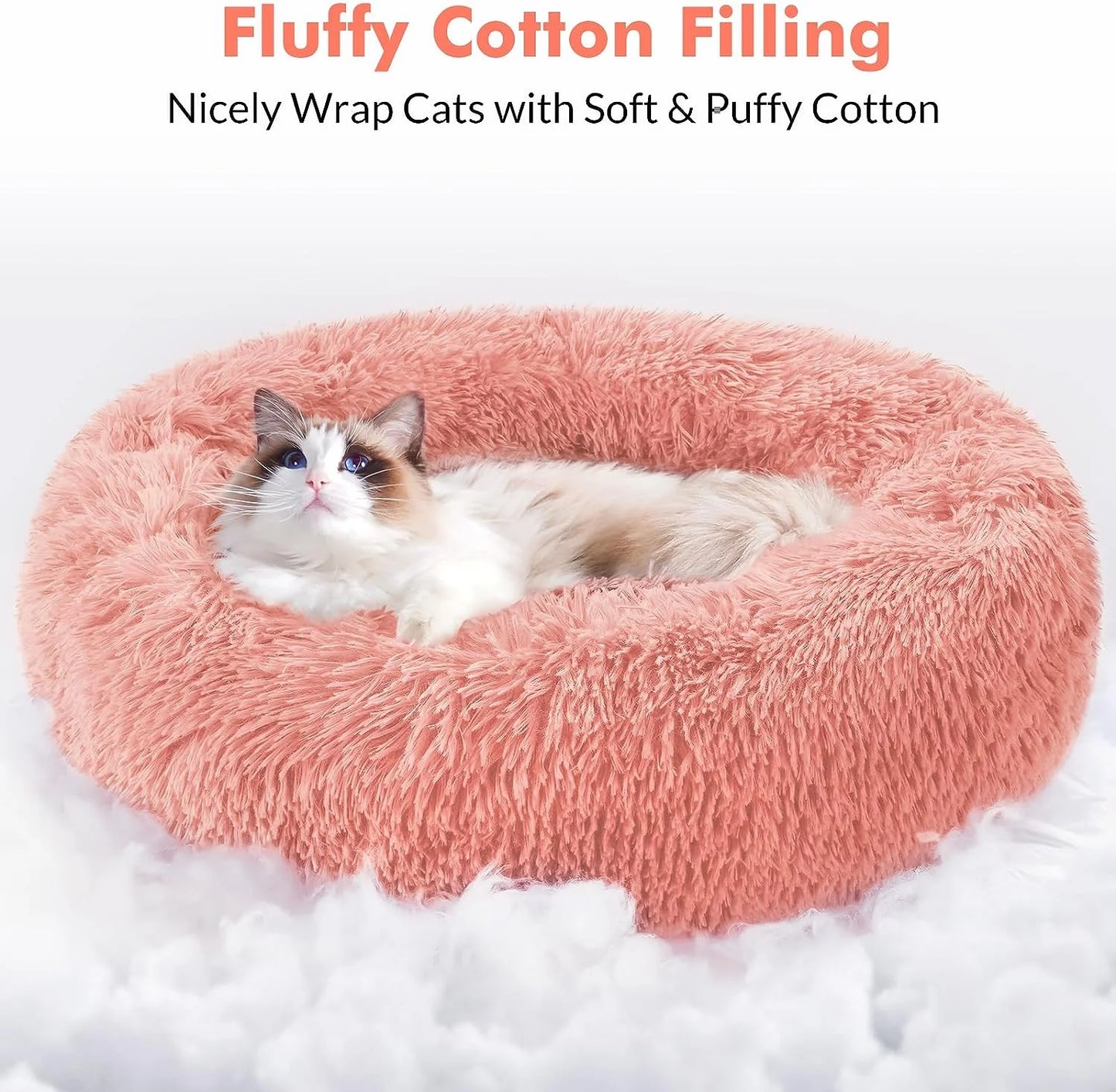 Indoor Cat Bed, 20-Inch Machine Washable Fluffy Round Pet Bed, Non-Slip Calming Soft Plush Donut Cuddler Cushion, Self-Warming for Small Dogs and Kittens, Light Pink