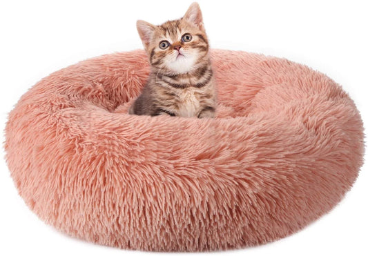 Indoor Cat Bed, 20-Inch Machine Washable Fluffy Round Pet Bed, Non-Slip Calming Soft Plush Donut Cuddler Cushion, Self-Warming for Small Dogs and Kittens, Light Pink